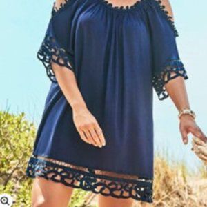 VERA CROCHET COLD SHOULDER COVER UP DRESS  - NAVY (14/16 PLUS)